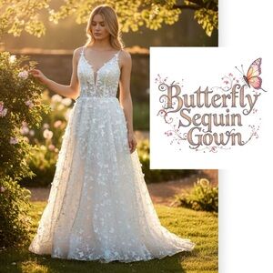 Ivory a line whimsical prom dress with 3-D butterflies and sequins size 4-6